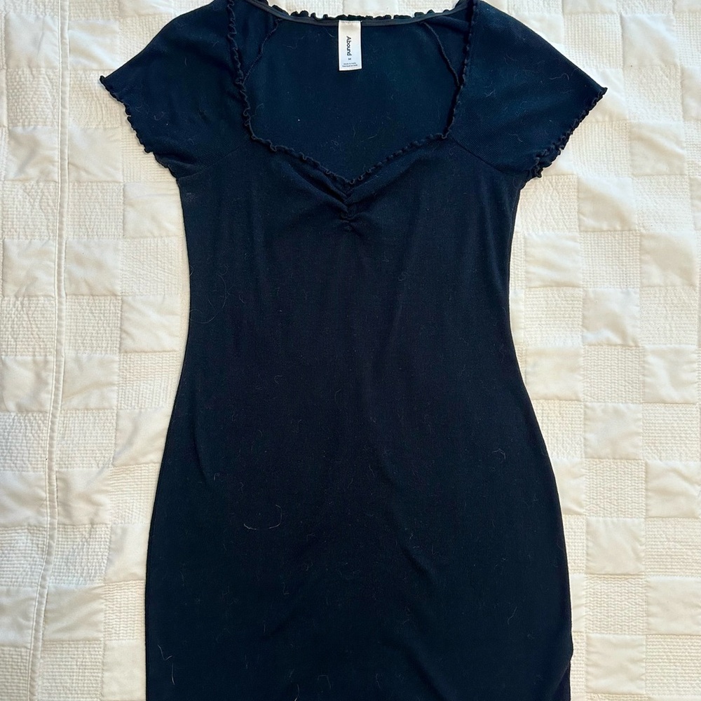 Ribbed Lettuce Trim Sweetheart Neck Black Mini Dress